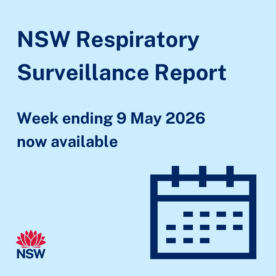 Image with large text: ‘NSW Respiratory Surveillance Report’ with the subheading ‘Week ending 9 May 2026 now available. The NSW Government logo is on the left bottom corner. On the right is an icon of a calendar.