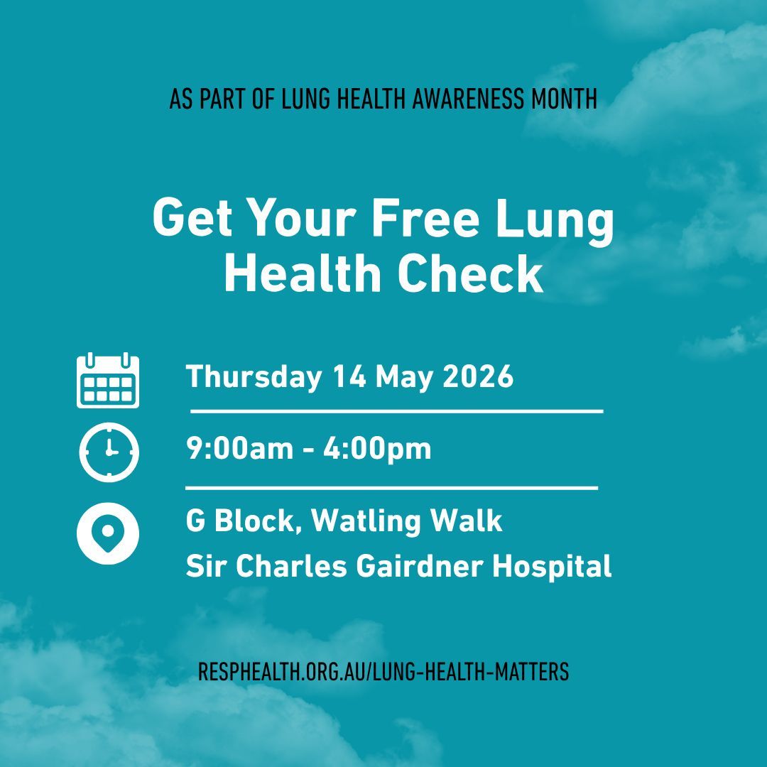 Resp_Health's tweet photo. Free lung health checks today at Watling Walk, G Block, Sir Charles Gairdner Hospital. 9:00am to 4:00pm. Our nurses will run a quick lung test as part of an overall check. 
We recommend following up with your GP. Wait times may vary, subject to capacity. 
https://t.co/KvcwGOTIfG https://t.co/5aTNPeVOuA