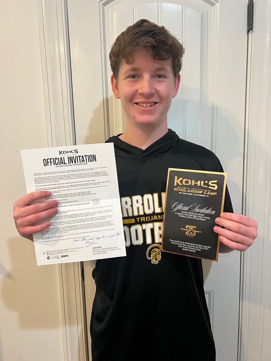 CoopWolffkicker's tweet photo. Grateful and blessed for this invitation! Thank you Kohl’s Kicking for this opportunity! #CooperWolff #classof2030 #kicker #punter @KohlsKicking @CarrolltonTroj1 @Carrollton_High @CoachJoeyKing https://t.co/dmYuHBGPfL