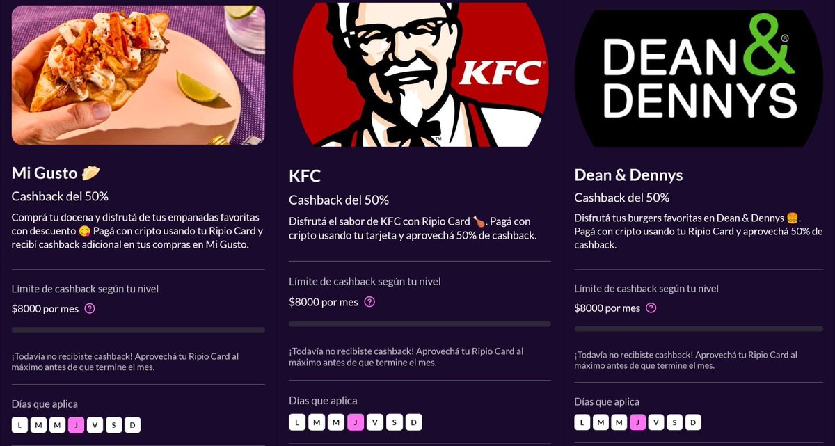 ahorrotwit's tweet photo. Pagando con tu #RipioCard configurada para pagar con cripto en @migustoar #Dean&Dennys y #KFC todos los jueves tenés un 50% con tope x mes de $1600 bronze, $3200 Gold, $4800 Platinum y $8000 Black
No la tenés? Sacala gratis!
👇👇
https://t.co/uVfyr4v3Zq https://t.co/e3fsbYJZ4M