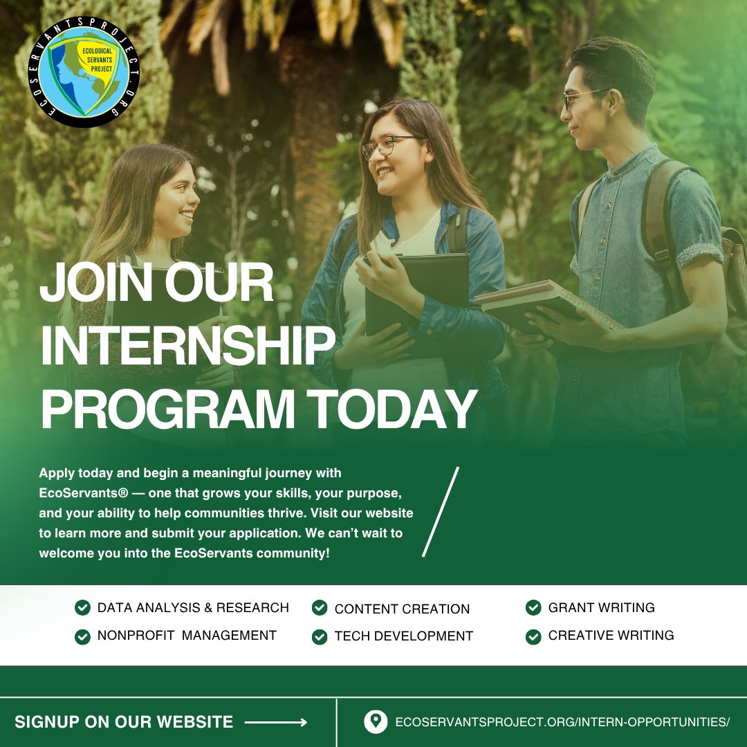 eco_servants's tweet photo. 🌎 Internship opportunities with EcoServants

Gain experience while supporting environmental action.

• content + communications
• marketing + outreach
• research + data
✔ remote
✔ flexible
✔ certificate + reference
🌎 apply on our website
📊 contribute to impact (CSR)

#EcoServants #Internship #EnvironmentalCareers #CSRTool #Sustainability