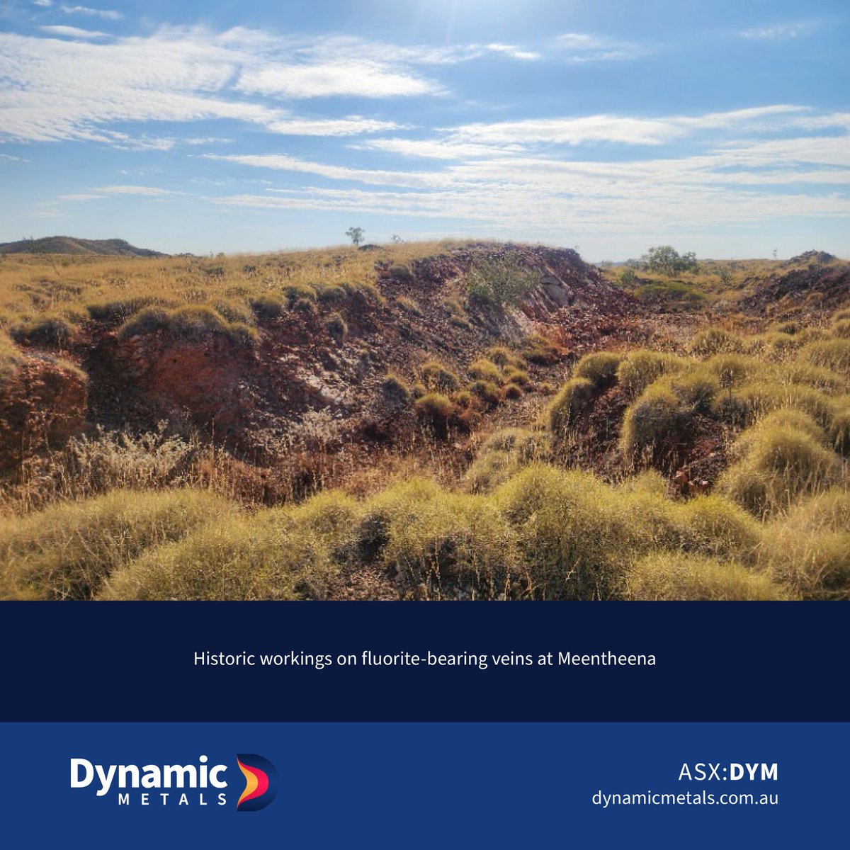 DynamicMet_DYM's tweet photo. #ASXNews

$DYM.AX is pleased to provide an update on environmental and permitting activities at its Meentheena #Fluorspar Project in the Pilbara region of Western Australia.

Read announcement: https://t.co/mUGM6itdg5

#ASX #DYM https://t.co/QRXmR5UQpD