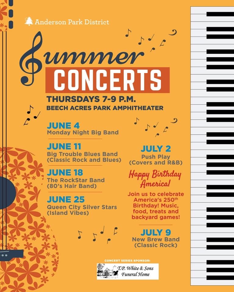 AndersonParks75's tweet photo. 📢 𝗠𝗮𝗿𝗸 𝘆𝗼𝘂𝗿 𝗰𝗮𝗹𝗲𝗻𝗱𝗮𝗿𝘀! 𝗔𝗻𝗱𝗲𝗿𝘀𝗼𝗻 𝗣𝗮𝗿𝗸 𝗗𝗶𝘀𝘁𝗿𝗶𝗰𝘁’𝘀 𝗙𝗥𝗘𝗘 𝘀𝘂𝗺𝗺𝗲𝗿 𝗰𝗼𝗻𝗰𝗲𝗿𝘁𝘀 𝗿𝗲𝘁𝘂𝗿𝗻 𝘁𝗼 𝗕𝗲𝗲𝗰𝗵 𝗔𝗰𝗿𝗲𝘀 𝗣𝗮𝗿𝗸!  🎶🎤🎸

Thank you to TP White &amp; Sons Funeral Home for sponsoring the 2026 summer concert series! https://t.co/DqpXiByQkq