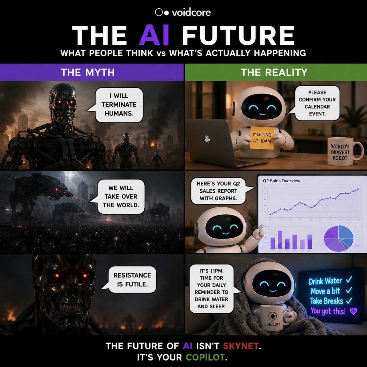 voidcoretechno's tweet photo. AI isn’t replacing humans.

It’s replacing repetitive work.

While people still imagine robot uprisings, most AI today is quietly helping teams:

• manage inboxes
• automate reports
• schedule meetings
• organize workflows
• reduce burnout

#AI #ArtificialIntelligence https://t.co/Ie9gpr7lID