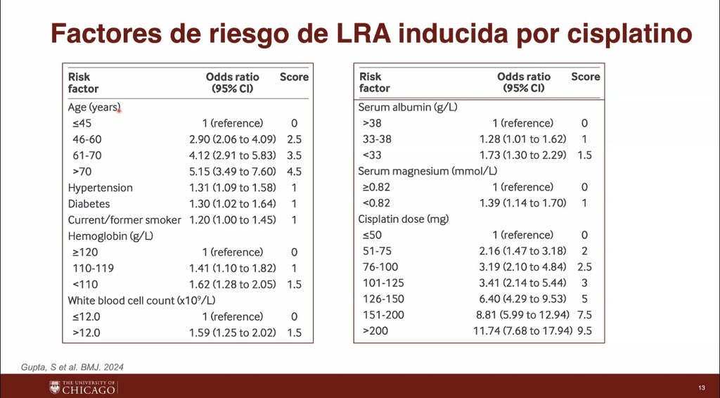 DraNefrona's tweet photo. LRA por Quimioterapia @SLANH_  por el Dr. Marco Bonilla 
1️⃣ Cisplatino 
Daño principal a nivel de Túbulo Proximal.
FR más importantes: Edad, dosis e hipomagnesemia previa.
Calculadora de riesgo de LRA por cisplatino: https://t.co/ECCdxllIRK https://t.co/rLbhpjeac7