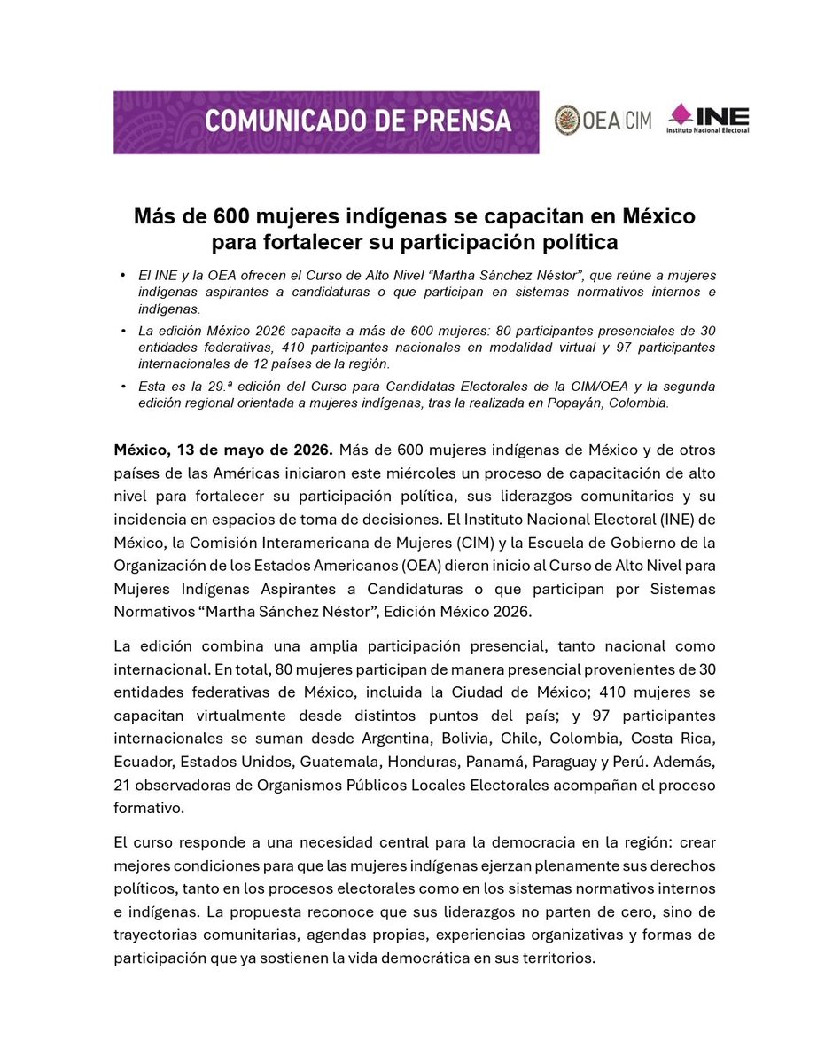 INEMexico's tweet photo. #BoletínINE 📄 | Más de 600 mujeres indígenas de México y países de las #Américas se capacitan para fortalecer su participación política, sus liderazgos comunitarios y su incidencia en espacios de toma de decisiones. 

🔗 Más información: https://t.co/lm1HCA2TfF https://t.co/S2pUm7gU2G