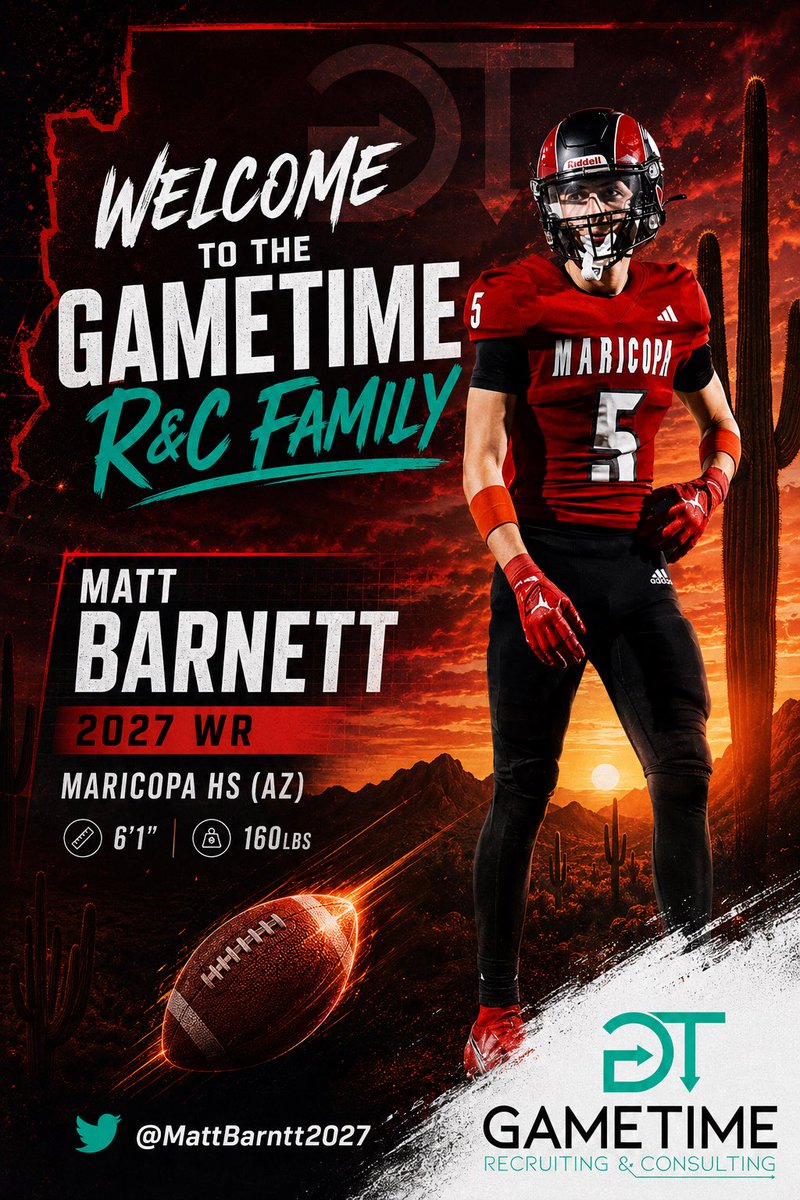 GametimeRC's tweet photo. Welcome Matt Barnett to the Gametime R&C Family!!! 

@Mattbarntt2027 is a 2027 WR from Maricopa HS in Maricopa, AZ. 6’1”, 160 lbs, and a major contributor for the Rams. Loves to compete in everything he does. Multi-sport athlete; competing in Track & Basketball. He is dependable and does whatever is needed for his team to win..

(I don’t own this music)