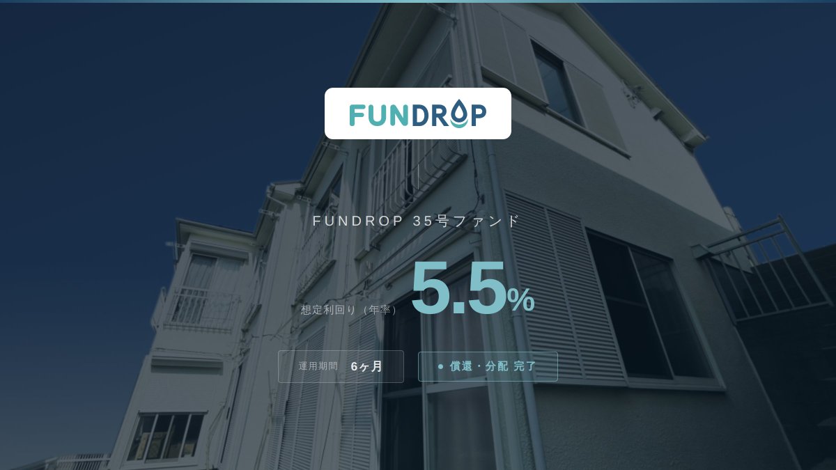 FUNDROPinfo's tweet photo. 【償還・分配完了のお知らせ】
2026年5月14日(木)、FUNDROP 35号ファンドの償還および年利5.5%の分配を完了しましたことをお知らせいたします。

↓プレスリリースは、こちら
https://t.co/5ucZ9KXI9V

39号ファンドについて、近日詳細発表予定となります。
今後ともFUNDROPを宜しくお願いいたします。 https://t.co/oREBNBGE7R