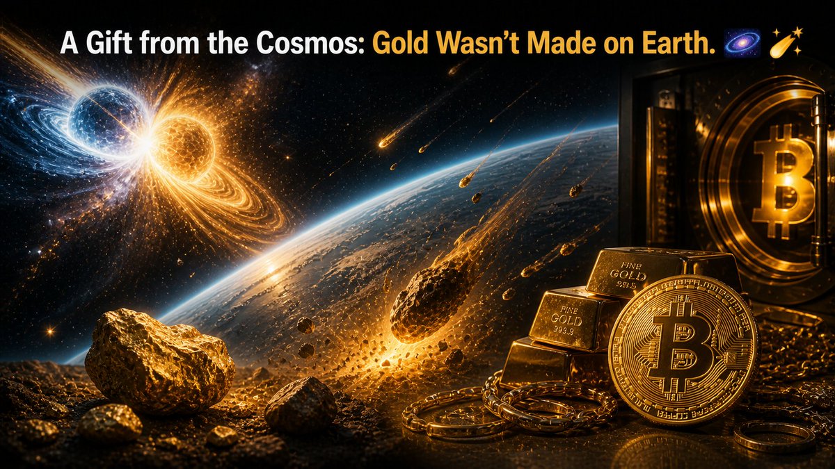 aurapayOfficial's tweet photo. 【A Gift from the Cosmos】Gold wasn't made on Earth 🌌🌠
Why is gold so rare? Because it wasn't born here. Gold was forged in the extreme energy of colliding neutron stars eons ago, eventually raining down on Earth via meteorites. 💫
The gold you wear is literally a "fragment of the universe." No matter how far our technology advances, we cannot create gold from nothing.
This absolute physical scarcity is why both gold and Bitcoin remain the ultimate stores of value. 🛡️₿

#Cosmos #Gold #Bitcoin