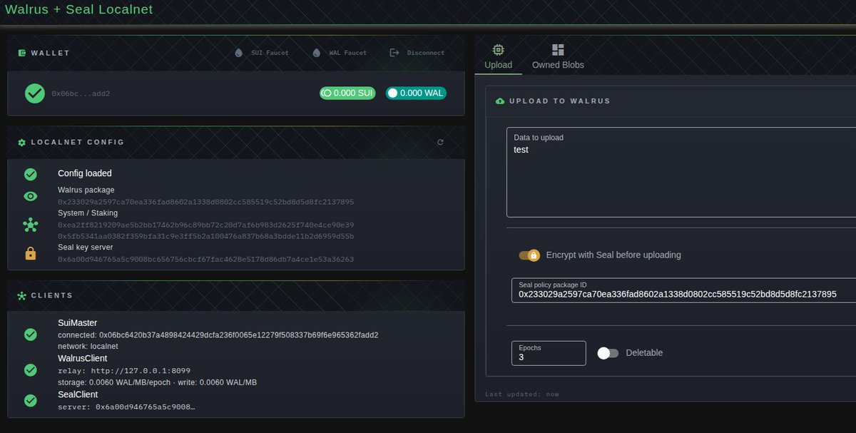 suidouble's tweet photo. Finishing a toolkit for unit and integration testing Walrus + Seal flows on localnet.

It works on testnet and mainnet too, using the same SDKs and contracts. But not having to worry about faucets anymore? Already worth it lol. https://t.co/Nzvk3s7t5U