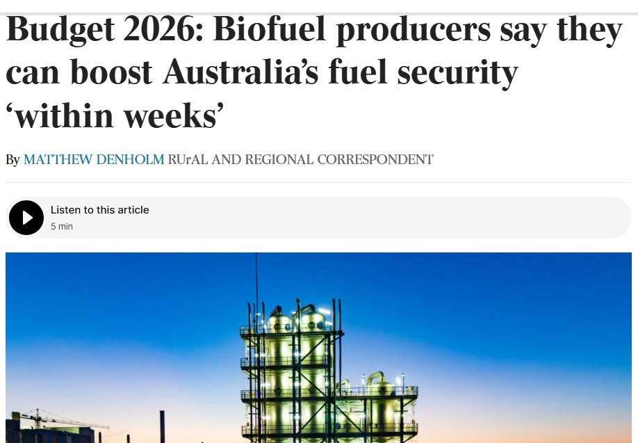MatthewRDenholm's tweet photo. Biofuel industry wants quick action on federal budget ethanol mandate promise https://t.co/uE2m1W2d06 via @australian #biofuels #lowcarbonliquidfuels #agriculture #fuelsecurity #ethanol #biodiesel #farming #canegrowing #grain #auspol https://t.co/eofMW7JNMH