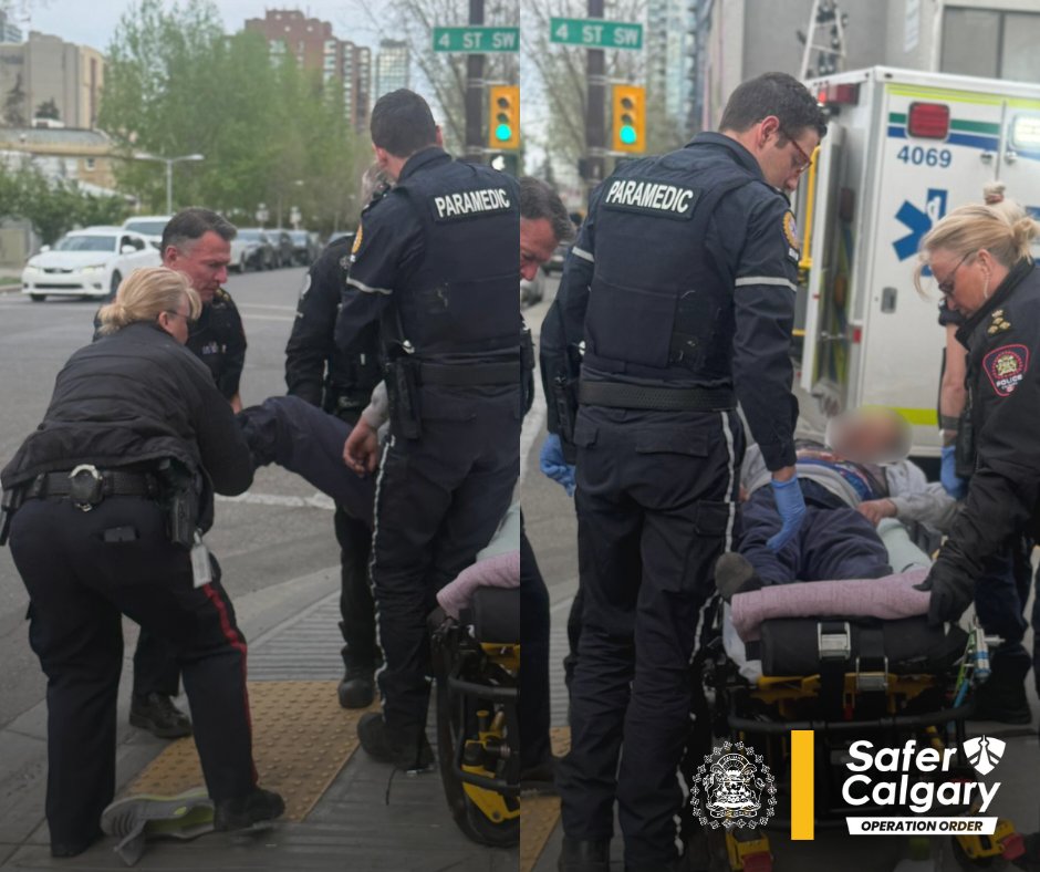 CalgaryPolice's tweet photo. @CPS_Chief McLellan and Deputy Chief O'Brien located a male who had collapsed outside of the Sheldon M. Chumir Health Centre. Our partners at @ahs_ems  attended and administered four doses of naloxone before transporting the individual to the hospital. https://t.co/6b22grdt8F