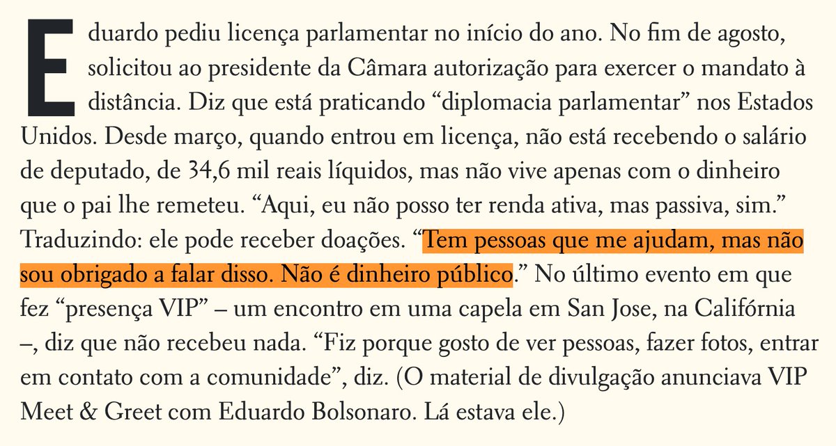 victorosaraiva's tweet photo. Na reportagem especial da Revista Piauí, publicada em setembro de 2025, o @joao_batistajr descreve a vida nababesca que Eduardo Bolsonaro levava no Texas, apesar de receber oficialmente só R$ 34,6 mil líquidos por mês, algo em torno de 7 mil dólares.

O Eduardo era evasivo sobre a origem do dinheiro que bancava sua vida luxuosa no Texas. Dizia apenas que “algumas pessoas” o ajudavam financeiramente. Quais pessoas? Disse que não era obrigado a revelar, limitando-se a afirmar que não se tratava de dinheiro público.

Agora o The Intercept Brasil divulga que o Vorcaro transferiu 2 milhões de dólares para o fundo Havengate Development Fund LP. E onde esse fundo é sediado? No Texas, justamente o estado onde Eduardo vivia.

Então começa a surgir uma pergunta bem óbvia: será que quem estava bancando parte da vida de luxo do Eduardo Bolsonaro nos Estados Unidos era justamente o Vorcaro? 🤔