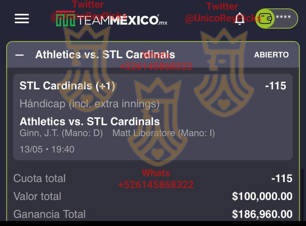 Mexapicks_'s tweet photo. 🚨 Pick filtrado de: Diego Palafox, APUESTA MÁXIMA (Días perfectos)

Los del grupo ya van adelantados… 😮‍💨

Más picks filtrados GRATIS aqui en nuestro grupo👇🏻

https://t.co/O9chYxp1Ti https://t.co/yH7uI0dKu2