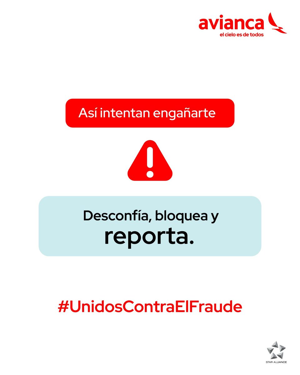 aviancacam's tweet photo. #ElSalvador: ¡Ojo con las falsas ofertas! 🚨

Hay personas haciéndose pasar por nosotros para vender tiquetes por WhatsApp o compartir enlaces sospechosos.

Recuerda:

🚫 Nosotros no vendemos tiquetes por WhatsApp.
🚫 Evita enlaces y promociones fuera de nuestros canales oficiales.
✅ Compra siempre en https://t.co/F7gJzx2BGX.
✅ Reporta cuentas sospechosas.

Protege tu información y no caigas.

#UnidosContraElFraude