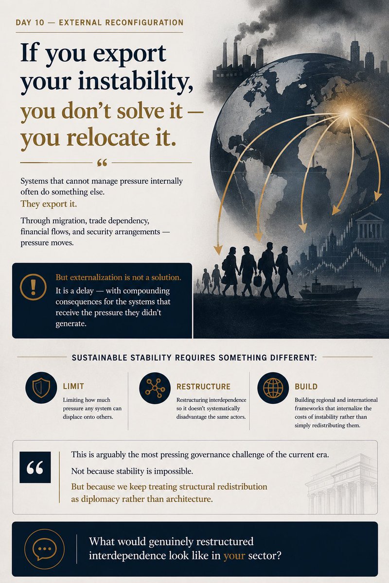 masiframework's tweet photo. Externalization is not a solution.
When systems can't manage pressure internally, they export it  through migration, trade, capital flows, security arrangements.
Restructuring interdependence for stability of all actors is not diplomacy. It's architecture. #GlobalGovernance https://t.co/KwxiMMMYGg
