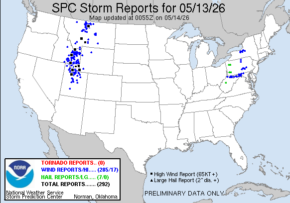klownacide's tweet photo. National Weather Service - Storm Prediction Center Reports Wednesday 5/13/26. #AZwx @NWSSPC #WX #PrescottWX #WXTwitter
Tornado (0)
Hi Wind (285)
Hail (7)
#bsFree @TripDawg
☁️🌥️🌤️☀️🌥️🌤️☁️
#PTWM
https://t.co/uC9dC1OHkM🔗 https://t.co/jZZsQvQHVi