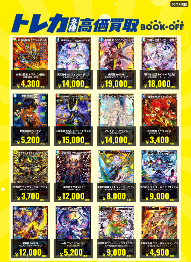 BOOKOFF10822's tweet photo. 🌈🌈トレカ高価買取情報🌈🌈

🆕5/14 時点🆕

１点から大歓迎‼️‼️
ぜひ当店までお持ちください☺️✨
もちろん記載商品以外も大歓迎です👍

※美品の場合での価格となります。
※予告なく価格が変動する場合がございます。

＃ブックオフ三宮 ＃三宮 ＃トレカ ＃デュエマ ＃ワンピース ＃遊戯王 https://t.co/rcuivqLu2i