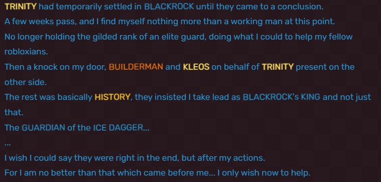 ToastyJoe45's tweet photo. @zaylinartalley this is unrelated but
i do wish he was given more dialogue because telamon very clearly thinks highly of him and he contributes nicely to world building
builderman himself is the reason hes king and i wish more npcs mentioned him because he feels more important then hes treated https://t.co/iQXjiFshQp