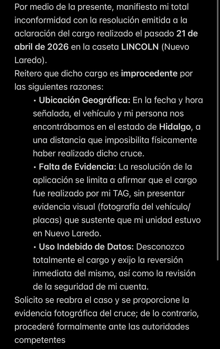 Alan_Roberto_'s tweet photo. @atnTAGPASE quisiera que me pudieran ayudar ya que metí la aclaración de un cobro no reconocido en la caseta Lincon (Nuevo Laredo) la cual yo no efectué y no me dieron solución cuando yo jamás salí de Hidalgo. No había subido esto por qué aún no terminaba la aclaración. @Profeco https://t.co/85Uc7iml65