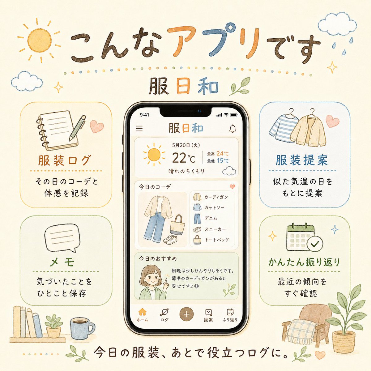 tiki_appdev's tweet photo. 服装ログアプリ「服日和」☀️👕

9月上旬リリースを目標に進めています！

秋口って「朝寒い、昼暑い、夜また寒い」で服装迷いがちなので、そこに合わせたい…！

無料でもちゃんと便利なアプリを目指します☺️

#個人開発 #アプリ開発 #服日和 https://t.co/HzkbrdFyft