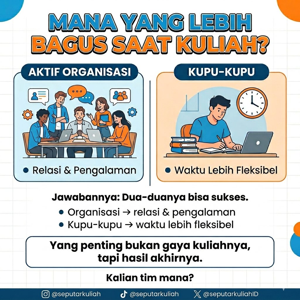 seputarkuliahID's tweet photo. Aktif Organisasi vs. Kupu-Kupu? 🤔

Dua-duanya punya jalan sukses masing-masing:

👥 Organisasi: Relasi &amp; pengalaman. ⏰ Kupu-Kupu: Waktu fleksibel &amp; fokus.
Apapun gayanya, yang penting hasil akhirnya tetap maksimal! 🚀

Kalian tim mana nih? 

#SeputarKuliah #Mahasiswa #Kuliah https://t.co/lJeatOGFQy