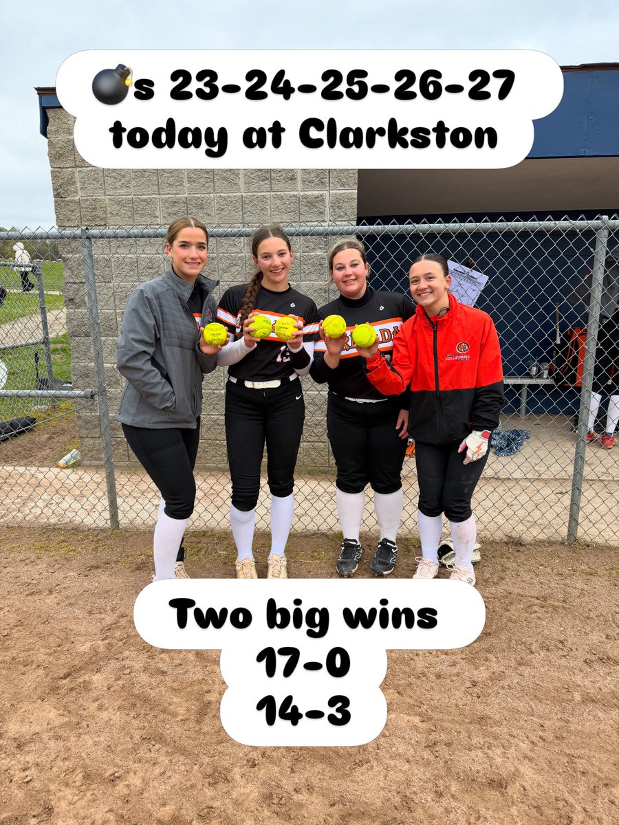 ArmadaHSSB's tweet photo. Got both wins at Clarkston today 17-0, 14-3 to move to 24-5 on the year. Addy VanHoeck joined the home run party and we added 5 HR to the total  💣s # 23-24-25-26-27 on the season! 🧡🖤💪🏼 https://t.co/9NqnEySX4J