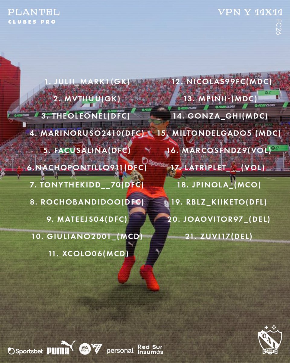 CAIesports's tweet photo. Presentamos el plantel de Clubes Pro para la nueva temporada de @vpn_argentina y @11x11tv 🔜

Estrellas internacionales y los mejores de Argentina en un mismo equipo. ¡Vamos #Independiente! 

#FC26 #TodoRojo 🔴 https://t.co/djJ5GAokK6
