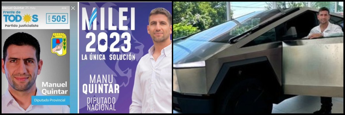 castillaeduardo's tweet photo. Decirle "casta" es casi elogiarlo. Manuel Quintar fue candidato del peronismo. Luego pasó a LLA y entró como diputado nacional. Ahora anda en un tesla que sale USD 300.000. En el medio hizo negocios como empresario de la salud con el PAMI. https://t.co/21CXVyk6zW