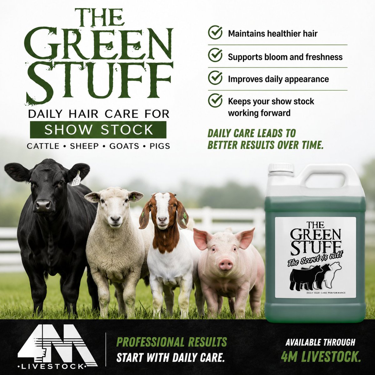 4MLivestock's tweet photo. Daily care matters. The Green Stuff helps keep show stock hair fresh, healthy &amp; working forward through the season. #ShowCattle #ShowPigs #ShowStock https://t.co/FN8lovivZW