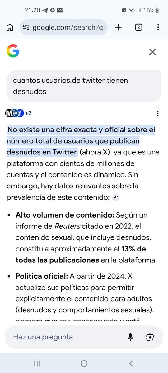Crismifer's tweet photo. Soy Cristian (Cris o Crismifer) y son miles dd millones los usuarios de twitter que muestran desnudos y cosas sexuales. Yo ya va más de un mes sin subir desnudo, porque a la gente le molesta y porque pregunté a un carabinero y me dijo que trate de no subir muchos (además aunque me veo más joven de la edad que tengo, no me siento bien haciendo esto) . Veré después si subo algunos o no:

No existe una cifra exacta y oficial sobre el número total de usuarios que publican desnudos en Twitter (ahora X), ya que es una plataforma con cientos de millones de cuentas y el contenido es dinámico. Sin embargo, hay datos relevantes sobre la prevalencia de este contenido:Alto volumen de contenido: Según un informe de Reuters citado en 2022, el contenido sexual, que incluye desnudos, constituía aproximadamente el 13% de todas las publicaciones en la plataforma.Política oficial: A partir de 2024, X actualizó sus políticas para permitir explícitamente el contenido para adultos (desnudos y comportamientos sexuales), siempre que sea consensuado y esté correctamente etiquetado.Comunidad activa: Existe una gran cantidad de cuentas dedicadas específicamente a la pornografía o contenido erótico, algunas de ellas automatizadas (bots), lo que hace que la visibilidad de este contenido sea alta.Anonimato: Muchas de estas cuentas son anónimas, lo que dificulta determinar cuántos usuarios individuales únicos (personas reales) hay detrás de ellas.En resumen, aunque no se puede dar un número de usuarios, la cantidad de contenido de desnudos es significativa, representando más de una décima parte de la actividad total de la plataforma en 2022 y estando ahora formalmente permitido.
