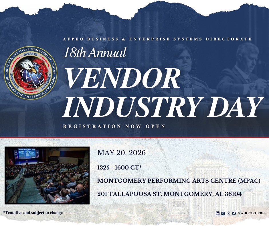 AirForceBES's tweet photo. The countdown is on! We’re just one week away until our 18th Annual Vendor Industry Day! 
 
VID is our annual spring event that brings together government, military, and contractor personnel in a collaborative environment. 
 
Register today!
 
https://t.co/xTT5S2OEM2 https://t.co/4l5QBf89rc