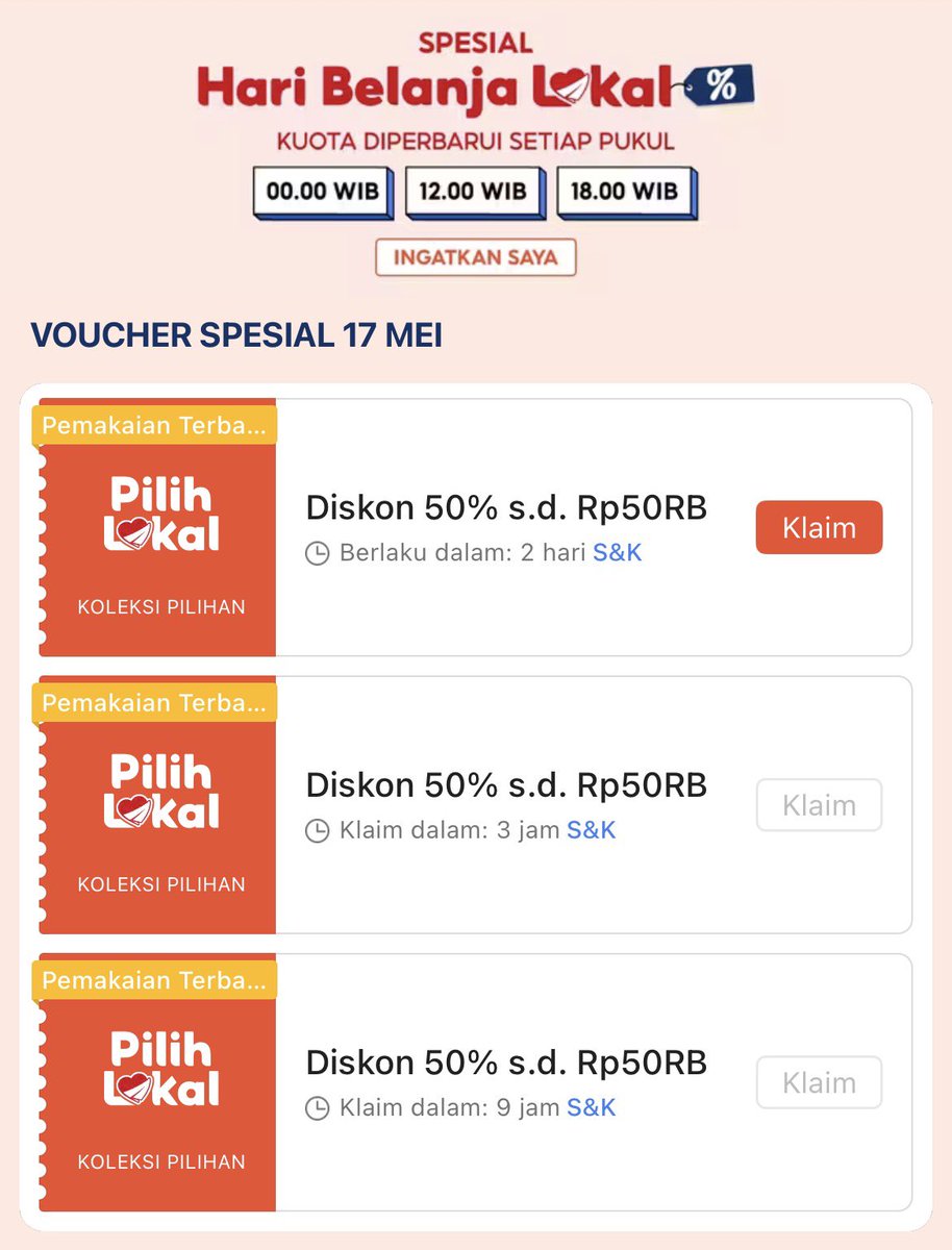 updatediskonan's tweet photo. • Promo 50% max 50RB
• Min. transaksi 100RB
• Berlaku 17 Mei 2026
• Hanya untuk produk lokal terpilih
• Semua metode pembayaran
• Link voucher: https://t.co/dHrDBQbzNK https://t.co/CURVrgacXz