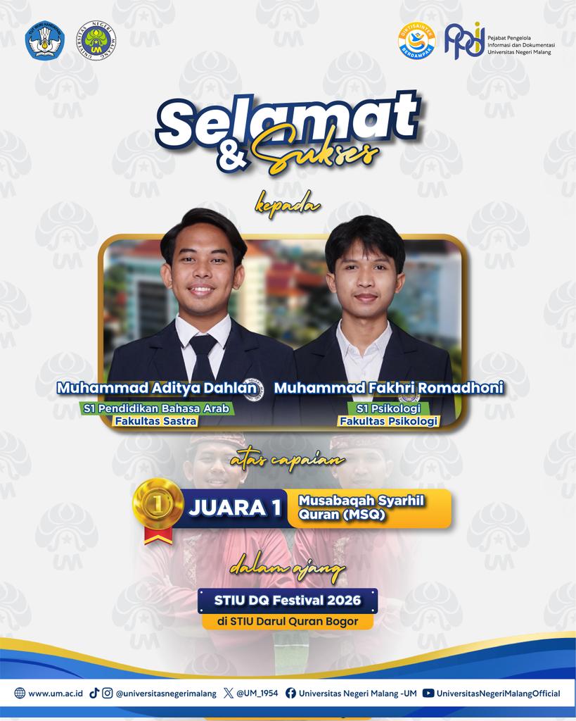 UM_1954's tweet photo. #PrestasiUM
Selamat dan sukses kepada para Mahasiswa UM atas capaiannya meraih berbagai prestasi yang luar biasa!ππ»
Semoga dapat terus menginspirasi dan mengharumkan nama kampus tercinta. β¨
#UM
#universitasnegerimalang
#ExcellenceInLearningInnovation
#KampusBerdampak https://t.co/QyN7MChN7P