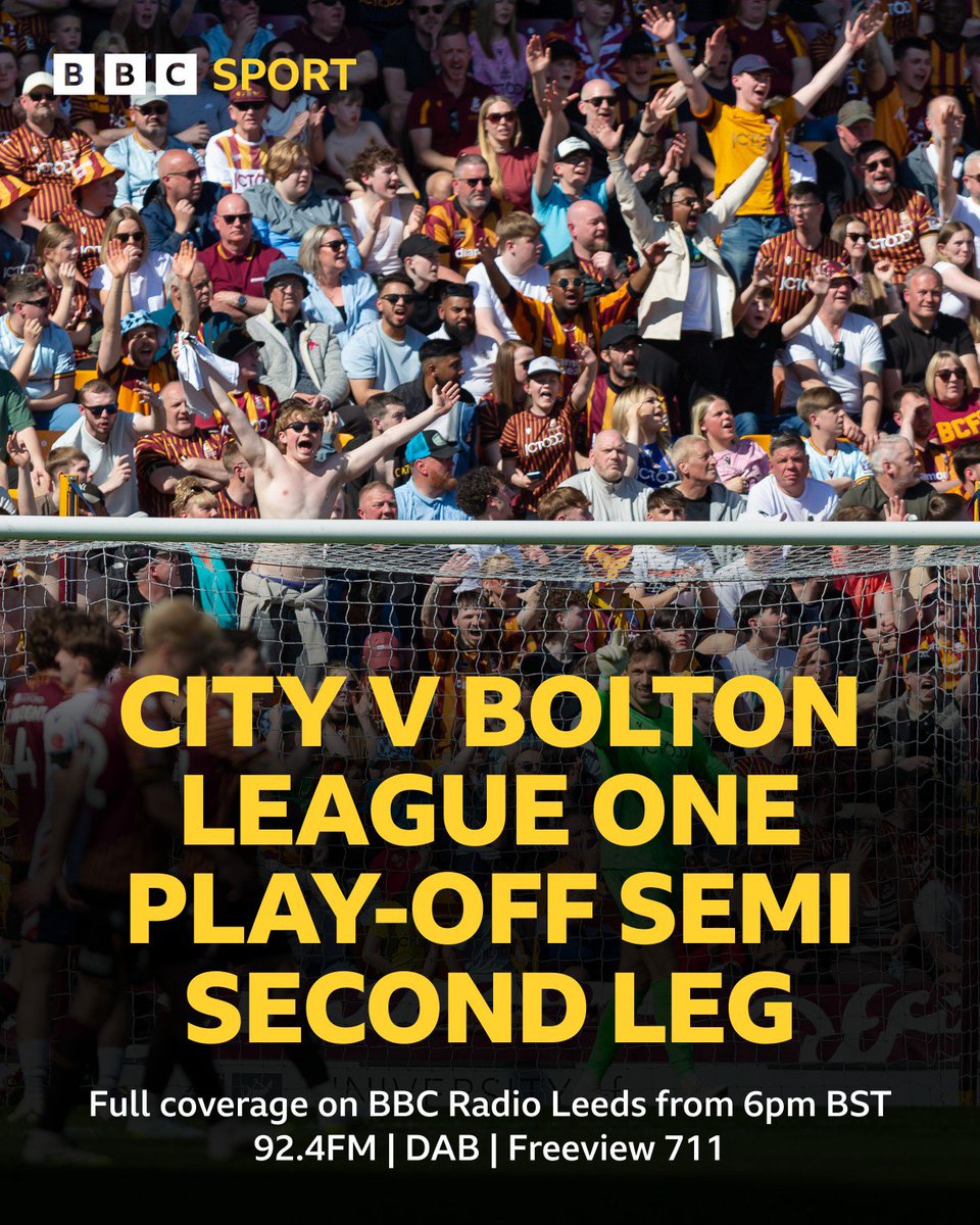 BBCWYS's tweet photo. ⚽️ Can Bradford City overcome Bolton's 1-0 lead to reach Wembley?

🎙️ Join @JamieRaynor, @mbows23 &amp; @KH_BBCLeeds for live commentary! Pre &amp; post-match online: https://t.co/Wrf1bGeTtA

🏟️ Valley Parade
🕒 On air from 6pm (BST)
📻 92.4FM | DAB | Freeview 711

#BCAFC | #BBCFootball https://t.co/sfnSz3sIqT