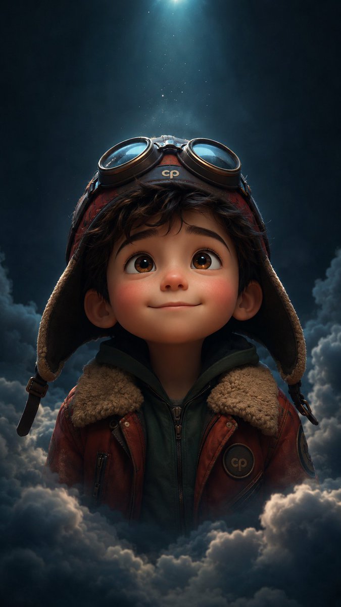 auqibhabib's tweet photo. GPT Image 2.0 on ChatGPT.

Prompt: Ultra-detailed cinematic 3D animated portrait of a cute young boy floating among soft clouds in a dark dreamy atmosphere, centered composition, warm gentle smile, big expressive brown eyes, rosy cheeks, soft fair skin, short messy dark brown hair, wearing a red winter aviator jacket with fur collar over a green hoodie, vintage pilot cap with round goggles resting on top, subtle “cp” logo on cap, soft volumetric spotlight from above, moody blue-black background fading into darkness, fluffy fog clouds surrounding lower frame, emotional wholesome expression, Pixar-style character design, ultra realistic rendering, soft global illumination, depth of field, clean composition, magical ambience, highly detailed textures, cinematic lighting, 4k octane render, vertical wallpaper, symmetrical framing, cozy fantasy mood, high contrast shadows, smooth skin shading, atmospheric haze, premium animated movie poster aesthetic --ar 9:16 --stylize 300 --quality 2