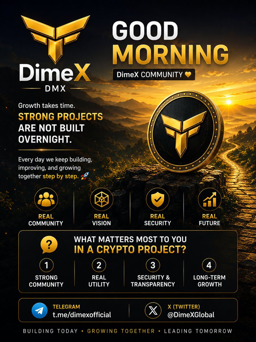 DimeXGlobal's tweet photo. 🌅 GOOD MORNING DimeX COMMUNITY ☀️

Growth takes time.  
Strong projects are not built overnight.

Every day we keep building, improving, and growing together step by step. 🚀

Real community.  
Real vision.  
Real future.

💬 What matters most to you in a crypto project?

1️⃣ Strong Community  
2️⃣ Real Utility  
3️⃣ Security & Transparency  
4️⃣ Long-Term Growth

Comment your answer below 👇

Telegram: https://t.co/Pn0ALZ4bZw  
X (Twitter): @DimeXGlobal

#DimeX #DMX #Crypto #BSC #DeFi #Web3‌‌