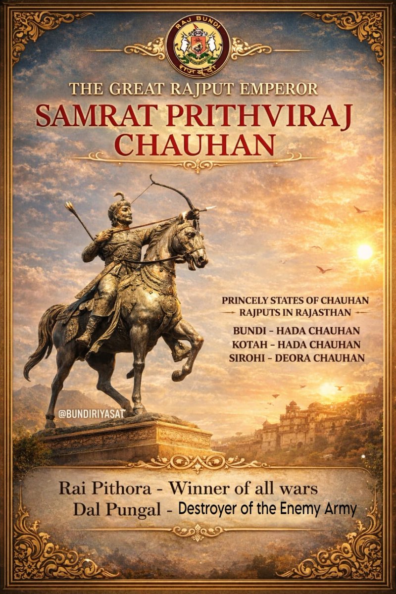 Raghav__Hada's tweet photo. अन्तिम हिन्दू राजपूत सम्राट श्री पृथ्वीराज चौहान कि जयंती पर उन्हें सादर नमन।
आपके वंशज होने पर हाडा चौहान राजवंश को सदा गर्व रहेगा। https://t.co/2AvDs7Bu71