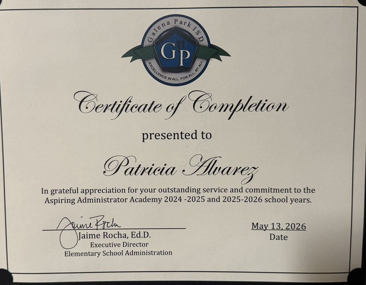 shyan_08's tweet photo. I’m pleased to share that I have successfully completed the @GalenaParkISD Aspiring Administrator Academy. I am grateful to Galena Park Independent School District for investing in employees who aspire to grow as leaders and make a positive impact in education. #GPpurpose https://t.co/DaFWaMKRcU