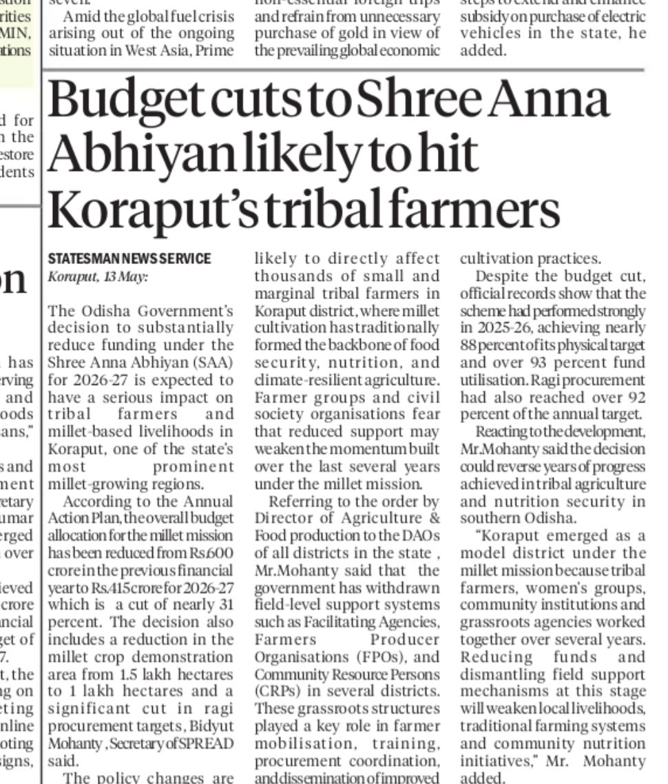 bidyut_mohanty's tweet photo. Urge @CMO_Odisha @MohanMOdisha @SecyChief @OdishaSecretary  not to allow budget cuts in Sri Arna Abhiyan ,which will directly affect the small and marginal tribal farmers and nutritional status of the state.@righttofood @OrissaRtf https://t.co/YMd1kCOrr7