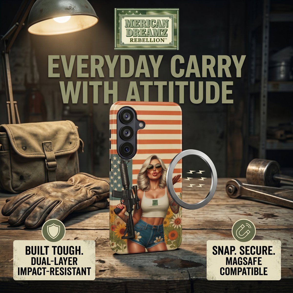 MDZ_REBELLION's tweet photo. Carry your conviction with our Merican Dreamz Rebellion phone case. Featuring a bold pin-up design, dual-layer protection built tough for the road, and seamless MagSafe compatibility. It's impact-resistant, not bulky, and made for those who live life on their own terms. From the range to your daily grind, show your true colors. Shop Now:  https://t.co/pVroIZS2Ye

#mericandreamz, #phonecases, #magsafecase, #impactresistant, #fullwrapprint, #iphone13case, #iphone14case, #iphone15case, #iphone16case,  #iphone17case, #samsungS26case, #newdrop, #americanaesthetic, #patrioticstyle, #graphicdesign, #smallbusinessusa, #mericandreamzrebellion