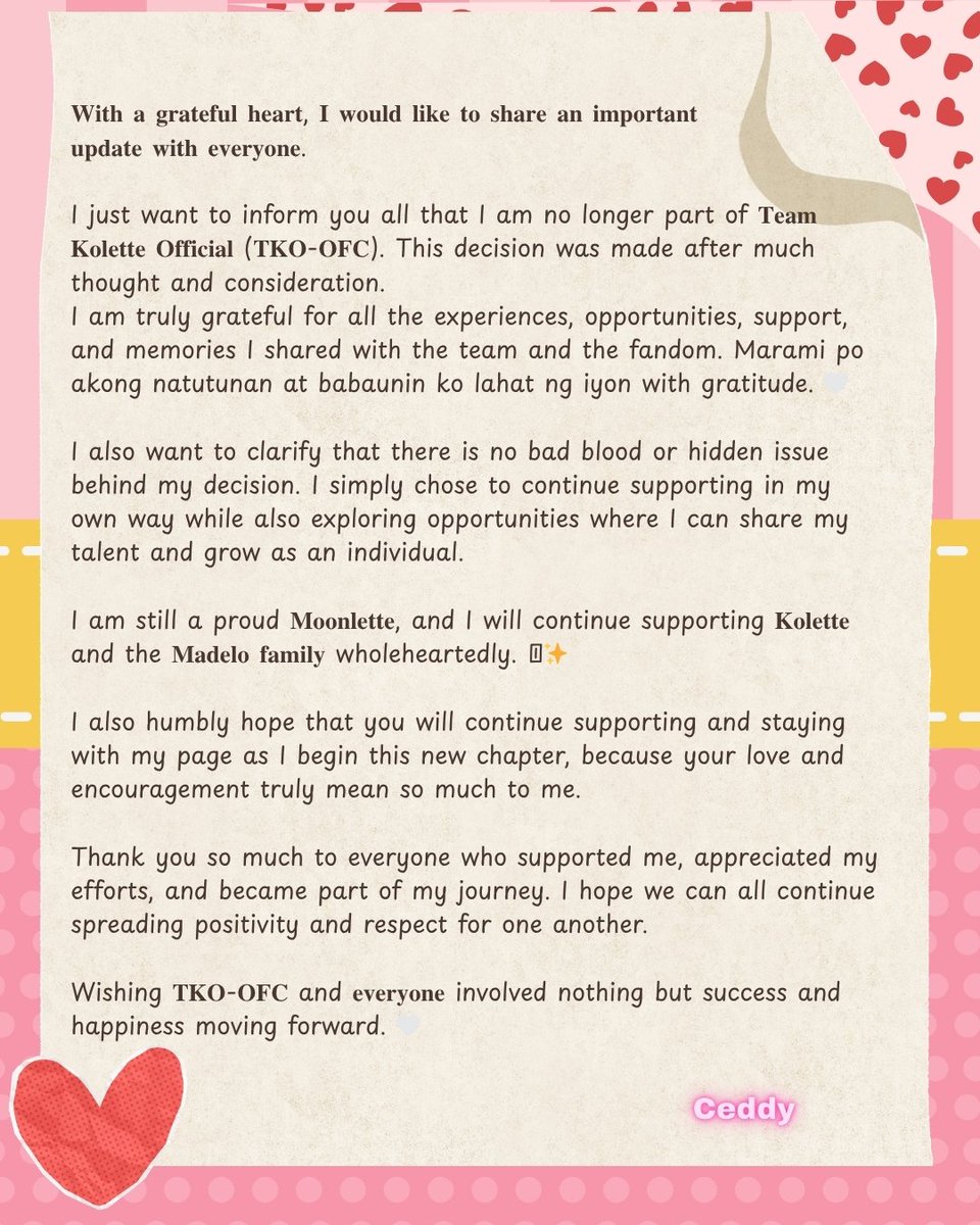 heyitsmeceddy's tweet photo. I am still a proud Moonlette, and I will continue supporting Kolette and the Madelo family wholeheartedly. Thank you po and God bless sa lahat 🩷✨ https://t.co/CLyLThRuut