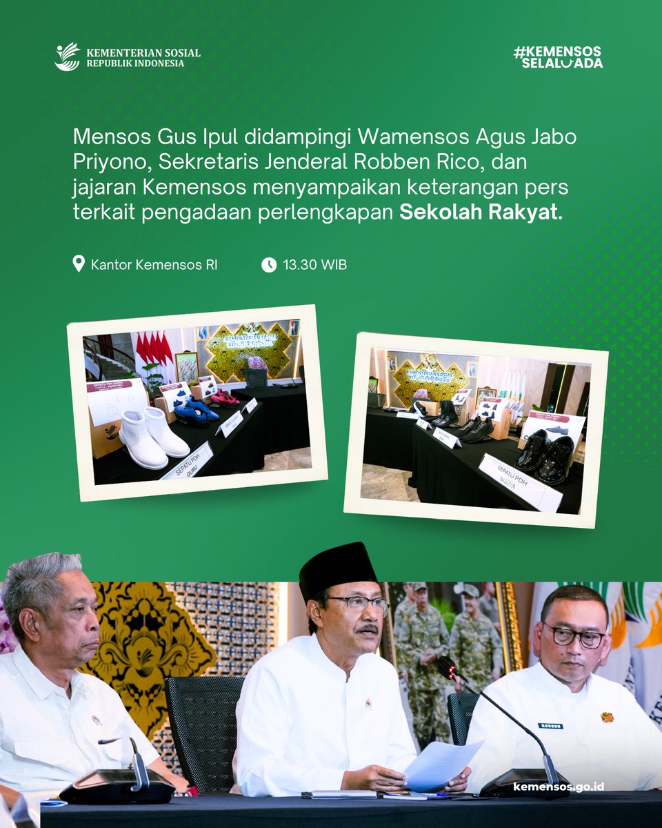 KemensosRI's tweet photo. Mensos Gus Ipul dan Wamensos Agus Jabo Priyono menjalankan rangkaian agenda penguatan program Sekolah Rakyat melalui peninjauan siswa, audiensi bersama pemerintah daerah, hingga penyampaian keterangan pers terkait pengadaan perlengkapan sekolah.

#SelaluAdaKabarBaik 13 Mei 2026 https://t.co/GFe5yu6EQ7
