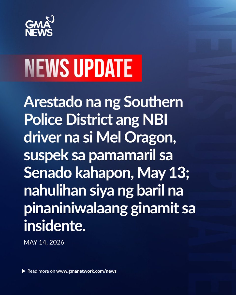gmanews's tweet photo. Arestado na ng Southern Police District ang NBI driver na si Mel Oragon, suspek sa pamamaril sa Senado kahapon, May 13; nahulihan siya ng baril na pinaniniwalaang ginamit sa insidente. https://t.co/RytjNGcV87