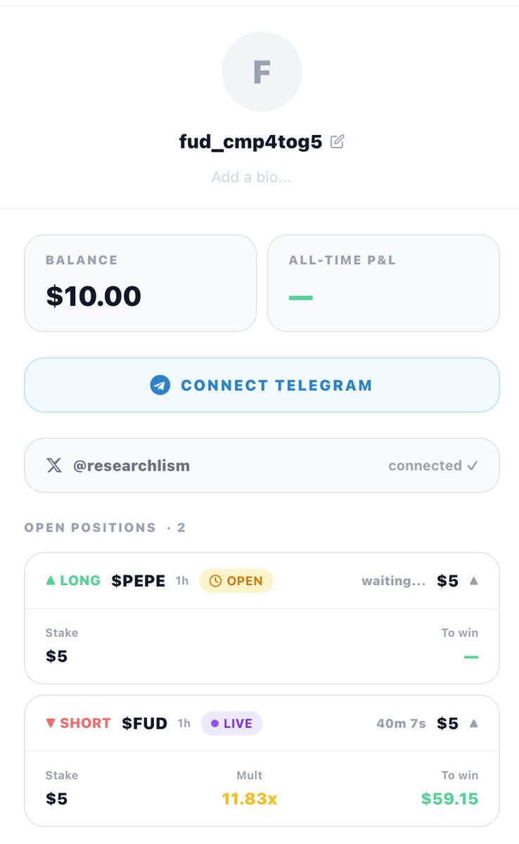 researchlism's tweet photo. FUD Markets is pushing crypto in a better direction with public PnL.

It’s easy to post bold takes when nothing is at risk. But when your position is visible, people talk more carefully and think more about conviction. https://t.co/rUCN3u2Ojb