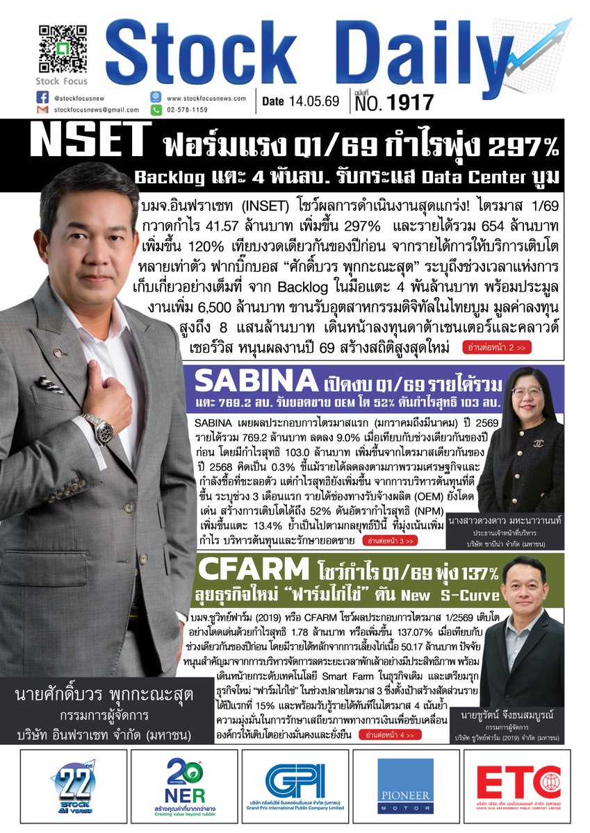 FocusStock's tweet photo. หนังสือพิมพ์ออนไลน์ Stock Daily ประจำวันที่ 14 พ.ค. 2569

ลิงก์ : https://t.co/utQCGIsF8l

#INSET #หนังสือพิมพ์ออนไลน์
#SABINA #StockDaily #CFARM https://t.co/6hsrrTxt8I