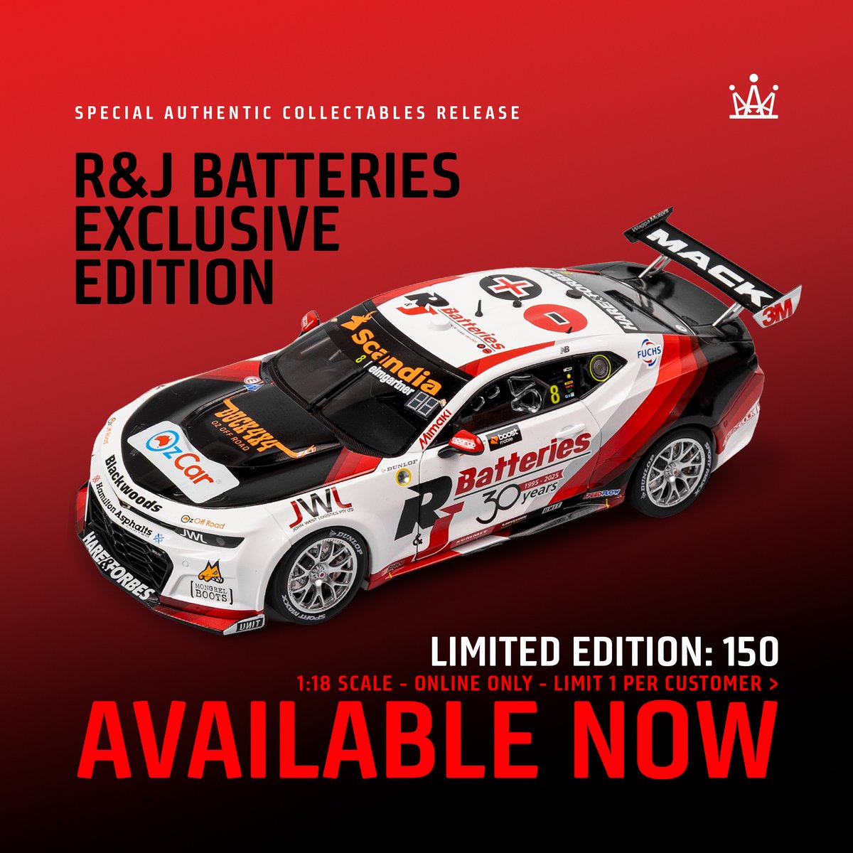 AuthenticAUS's tweet photo. CHARGE YOUR BATTERIES! 1:18 Scale Brad Jones Racing R&amp;J Batteries Andre Heimgartner #8 Chevrolet Camaro ZL1 2025 Gold Coast 500 Exclusive Edition is now available to order online. Limited to 150, limit 1 per customer, get yours while you can >>> https://t.co/d5vqgNgIDZ https://t.co/N47QmgE6Vp