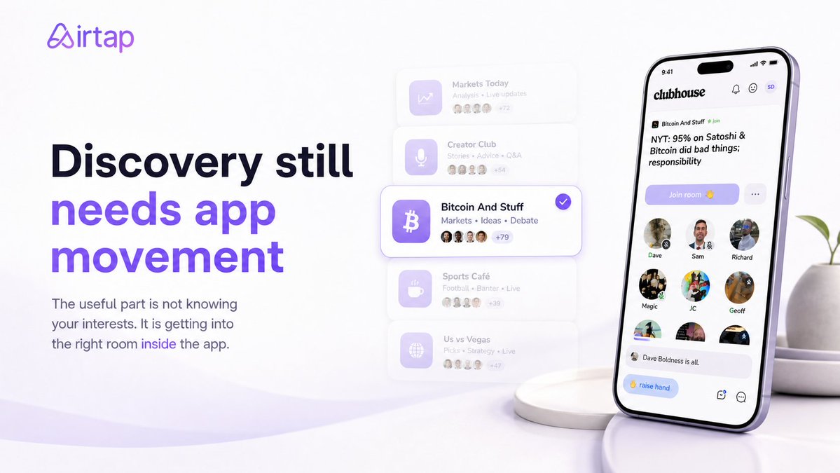 airtap_ai's tweet photo. Discovery is one of those tasks that looks easy until you try to automate it.

"Find me something interesting" is not one click.

It means opening the app,
scanning options,
judging relevance,
and entering the one that actually fits.

That is why this Clubhouse demo matters.

Airtap is not generating a recommendation in a vacuum.
It is doing the discovery work inside the real social app.

That makes the result feel less like search
and more like an assistant that can actually get you into the room.

#Airtap #AIAgents #PersonalAI #DiscoveryAI #MobileExecution