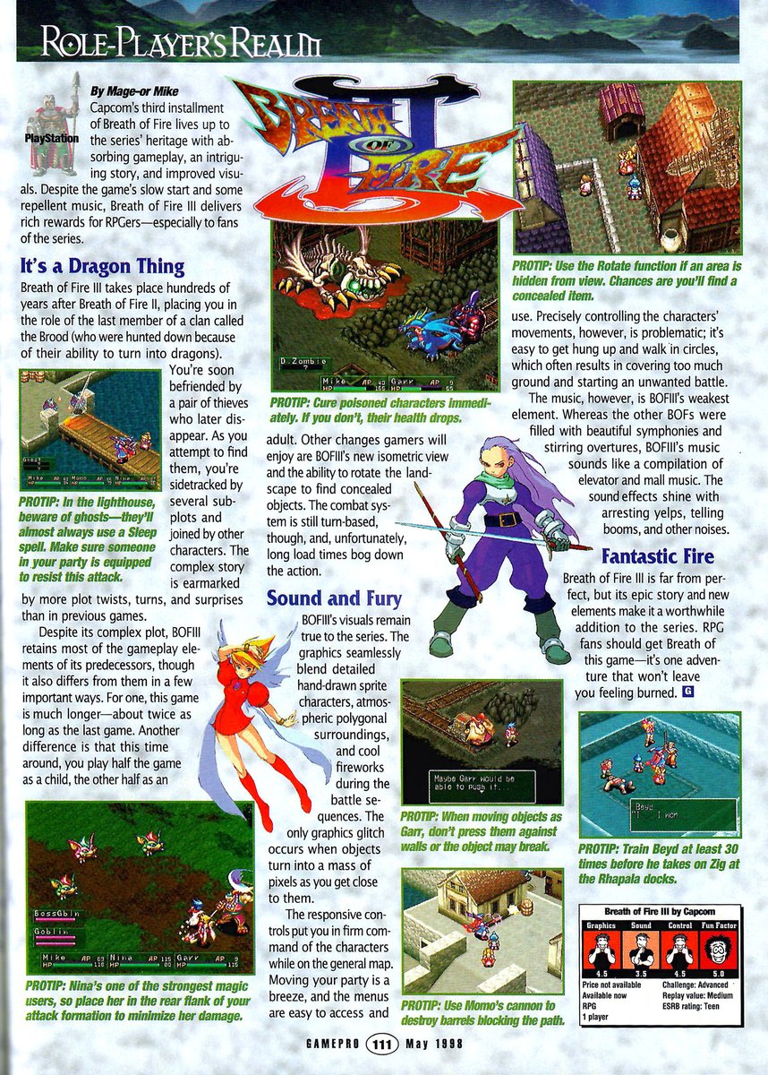 FantasyAnime's tweet photo. GamePro gave Breath of Fire III (PS1) nearly top scores, except for sound. Do you agree?

- GamePro magazine, May 1998 https://t.co/KHR2dz0xdI