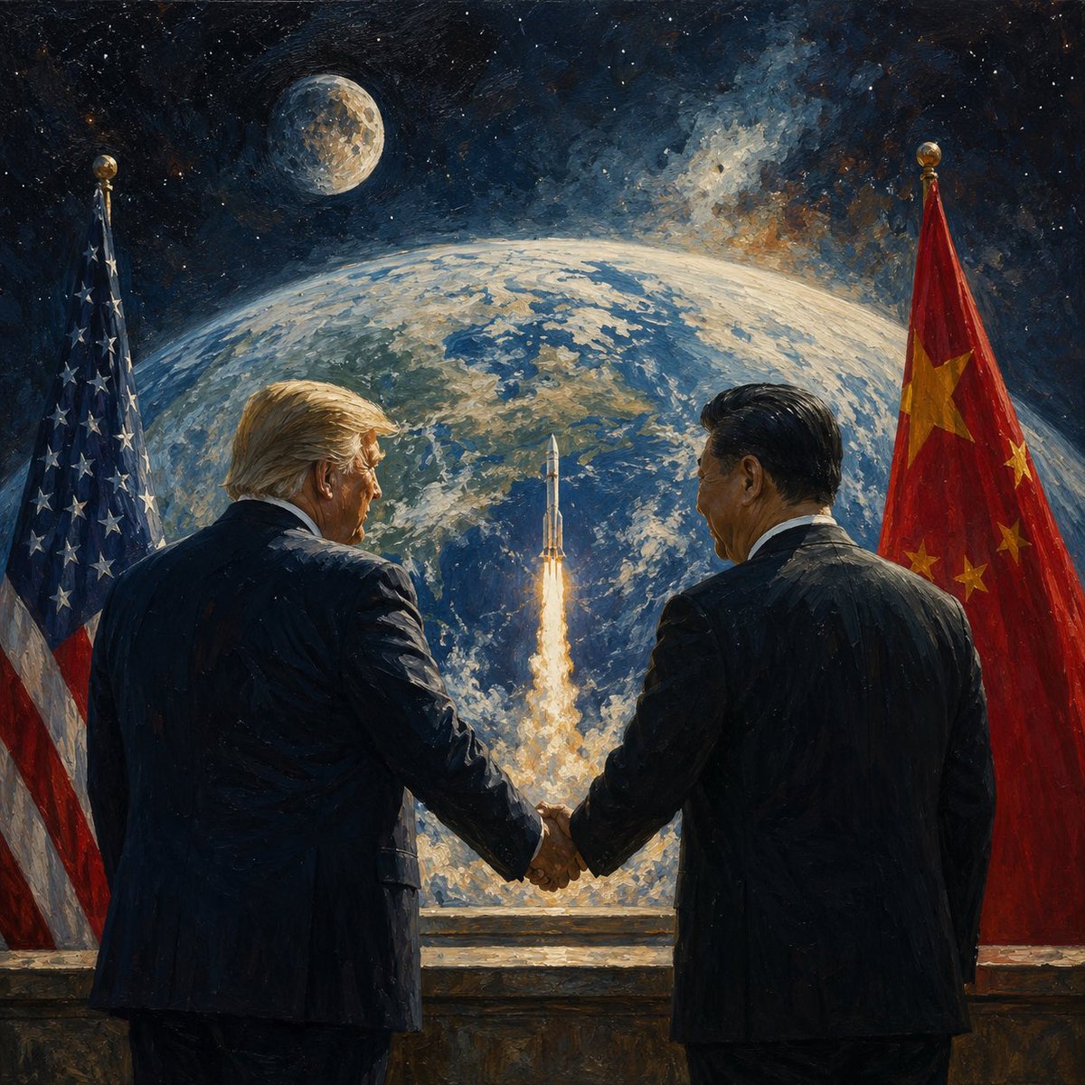 PhilosophysTune's tweet photo. The View Gets Bigger

Most human arguments feel permanent when viewed from ground level. Borders look absolute. Ideologies feel immovable. Egos dig trenches and call them principles. Then you look up.

From orbit, there are no fence lines, no campaign signs, no visible lines separating one belief from another. Just a thin atmosphere wrapped around a fragile rock, keeping every rival, skeptic, patriot, and dreamer equally alive.

This week, President Trump is in Beijing meeting with Xi Jinping at a moment when the world feels especially tense, with trade friction, war concerns, and two superpowers measuring each other across every headline.  

No, there’s no announced U.S.-China space unity pact sitting on the agenda.

But imagine if there were.

Imagine the two most powerful nations on Earth standing at a podium and saying: We’re going up together.

Not because they suddenly agree on everything. Not because human nature changed overnight. But because some goals are bigger than ideology.

The moon never cared about the Cold War. Physics has never picked a side.

Maybe the next real sign of intelligence won’t be building something that can destroy the planet faster.

Maybe it’ll be deciding to build something together beyond it.